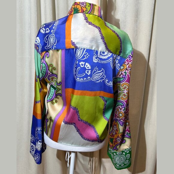 2/30 Zara Satin Paisley Patchwork Blouse Colorful Long Tie Bell Sleeves Large M - Picture 12 of 16